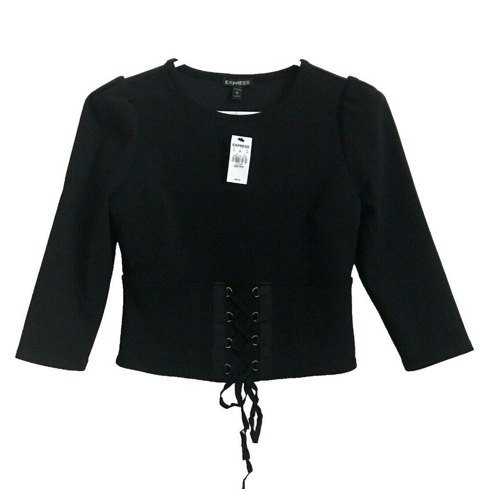 NWT EXPRESS Long Sleeve Corset Blouse Size XS Petite Black Lace Up Front Detail